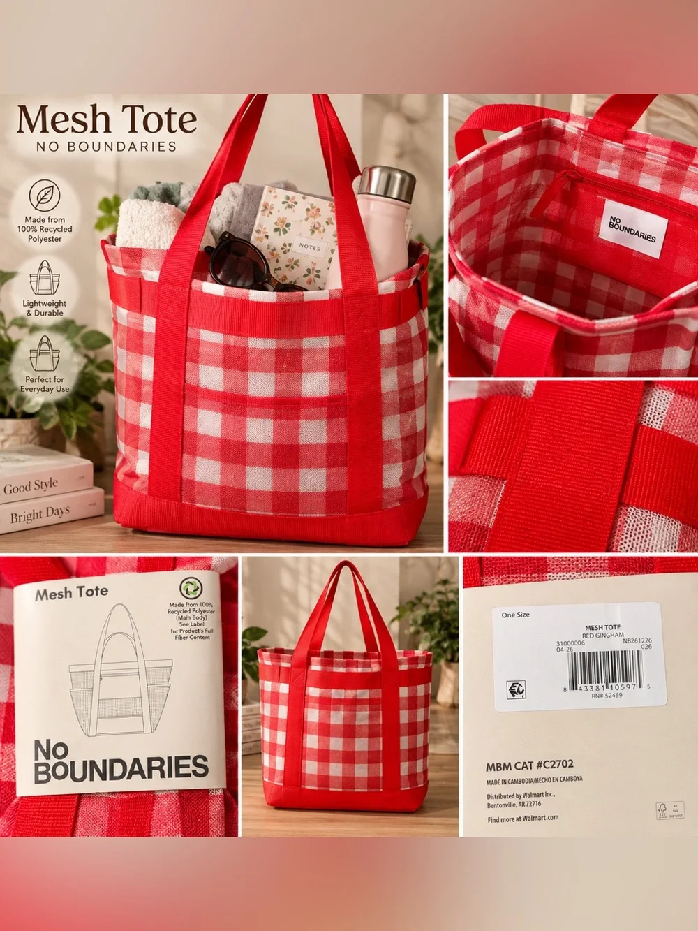 No Boundaries Red and White Gingham Mesh Tote 👜